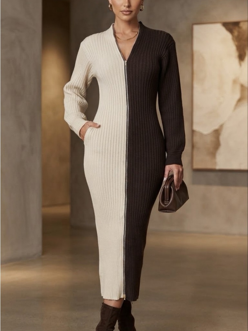 Fashion Nova Two-Tone Ribbed Zip-Front Midi Dress - Cream & Brown